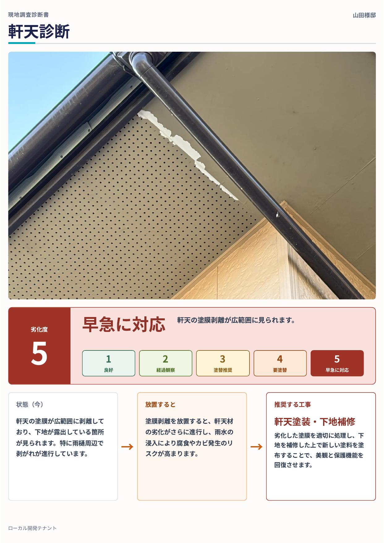劣化度5・早急に対応の診断ページサンプル｜軒天診断